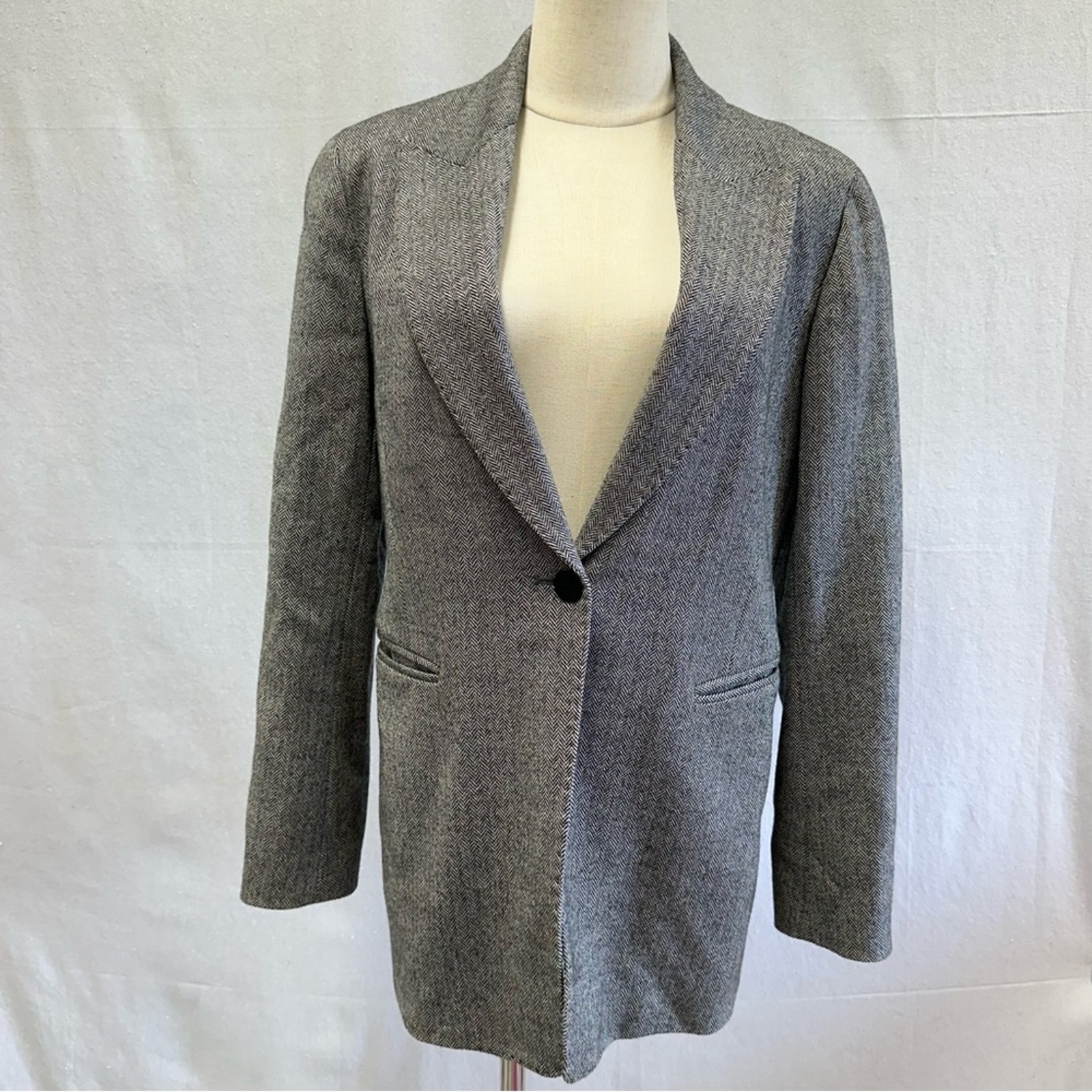 Lafayette 148 Black/Cream Herringbone Wool Stretch One Button Blazer Size 8